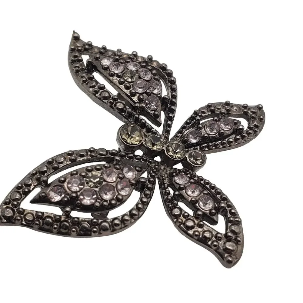 Dark Rhinestone Butterfly Brooch Pink Green Crystal Insect Vintage‎ Pin Gunmetal